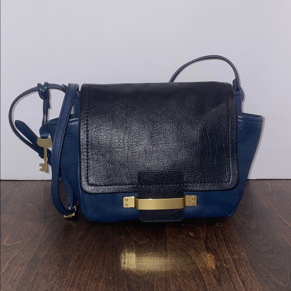Fossil Ava Flap Midnight Navy Black Brass Crossbody Leather Purse Bag